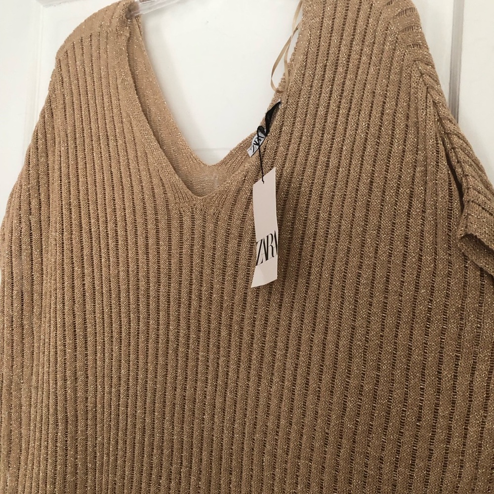 Zara Metallic Ribbed V-Neck Knit Dress - Camel Gold new with tags XL/XXL - Picture 2 of 5